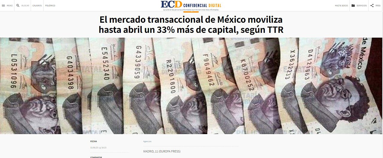 El mercado transaccional de Mxico moviliza hasta abril un 33% ms de capital, segn TTR